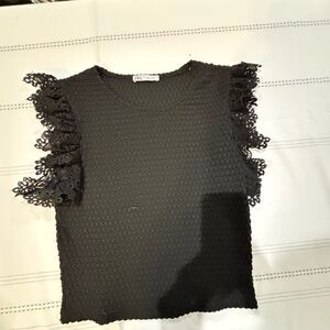 Zara Black Textured Top with Lace Sleeves